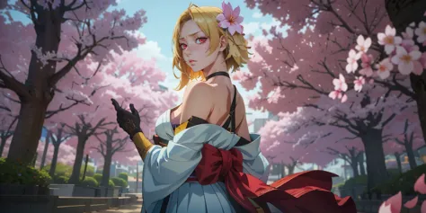 solo focus, solo, (blonde hair:1.7), red eyes, 1girl, tree, cherry_blossoms, hair_ornament, flower, solo, breasts, looking_at_vi...