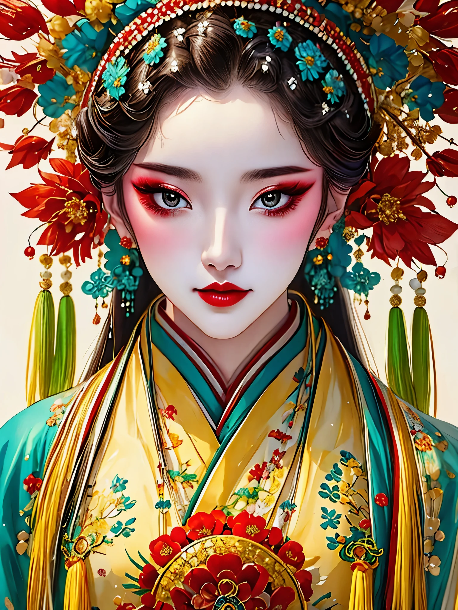 (masterpiece, best quality:1.2),1 girl,beautiful，portrait，Look at the camera，landscape on hair，landscape，Hanfu，Skin details， alone，Chinese Peking Opera，gorgeous costumes，Exquisite headdress，flower headdress，tassel，pearl，clean background，blue，red，green