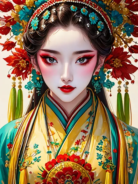 (masterpiece, best quality:1.2),1 girl,beautiful，portrait，look at the camera，landscape on hair，landscape，hanfu，skin details， alo...