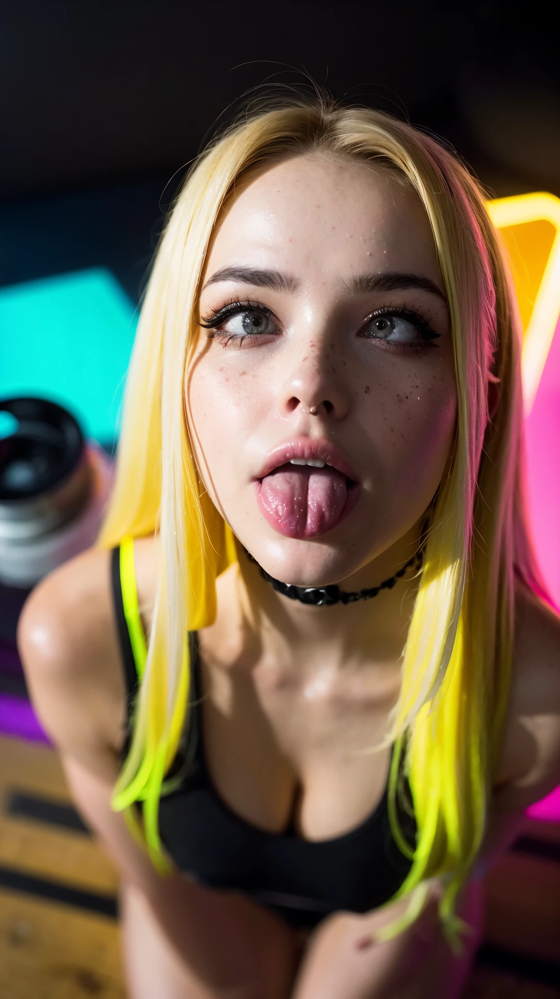 Blond woman with yellow hair sticking out her tongue in front of a camera -  SeaArt AI