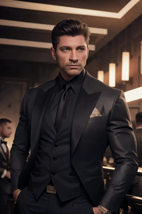 Realistic (muscular man: 1.1) mob boss, with an intricate elegant black suite, portrait, short hair, profiled beard, jewelry, in a nightclub, spot scene lighting, detailed background, intricate details, (illustration), masterpiece, high resolution, best qu...