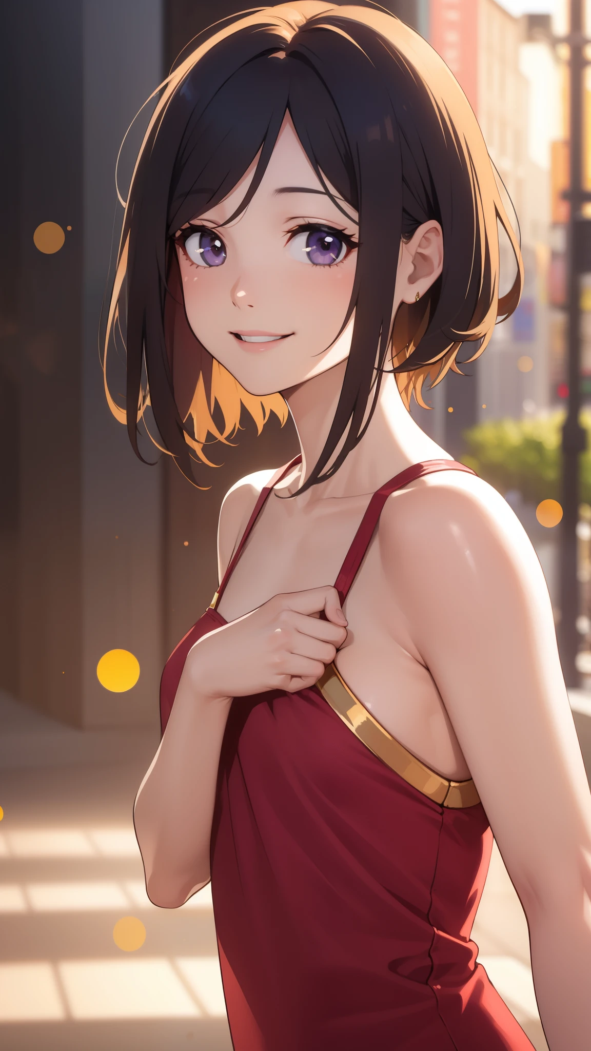 realistic, Golden hour lighting, midi dress, (Upper body), (idol), (Charming: 1), (purple short hair: 0.8), ((Puffy eyes)), Facing forward, Smiling, Laughing,Middle chest, 