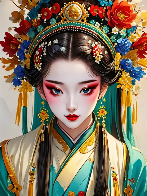 (masterpiece, best quality:1.2),1 girl,beautiful，portrait，look at the camera，landscape on hair，landscape，hanfu，skin details， alo...