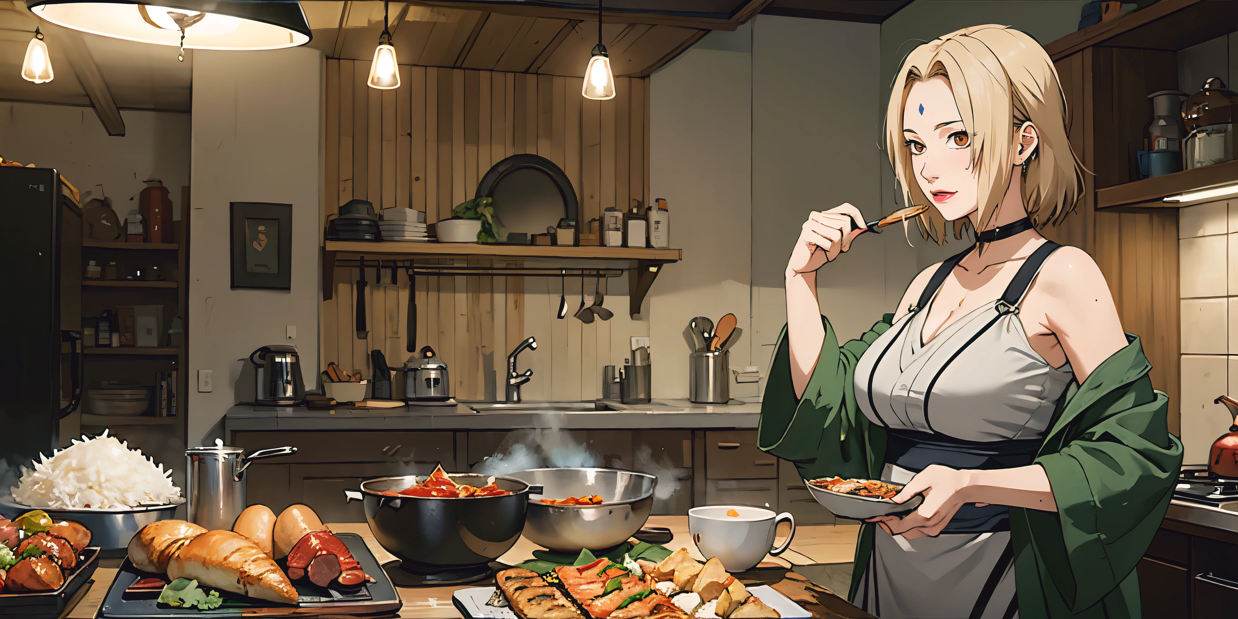 food, kitchen, meat, cooking, apron, knife, chopsticks, bowl, cutting_board, carrot, egg, plate, 1girl, holding_knife, frying_pan, stove, choker, soup, indoors, holding, bare_shoulders, ladle, spatula, omurice, black_hair, bread, bottle, brown_hair, ketchup, spoon, curry, tomato, sausage, vegetable, rice, short_hair, eating, collarbone, pot, pizza, breasts, brown_eyes, holding_chopsticks, "glow effects, godrays, Hand drawn, render, 8k, octane render, cinema 4d, blender, dark, atmospheric 4k ultra detailed, cinematic, Sharp focus, big depth of field, Masterpiece, colors, 3d octane render, 4k, concept art, trending on artstation, hyperrealistic, Vivid colors, extremely detailed CG unity 8k wallpaper, trending on CGSociety, Intricate, High Detail, dramatic", anime coloring, anime screencap, sweating, steaming body, fog, looking at viewer