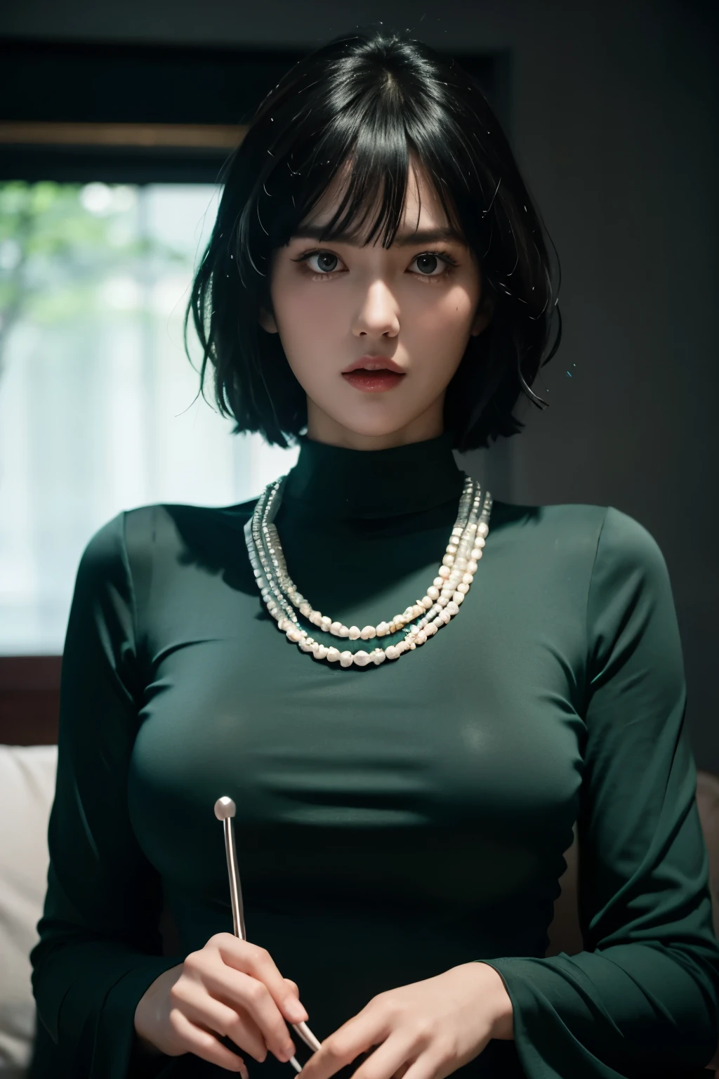 fubuki,,fubuki (One Punch Man),1 girl,big breasts、Green Long Dress,collar、long sleeve、pearl necklace、Beauty、long sleeve、collar、beautiful woman、beautiful face