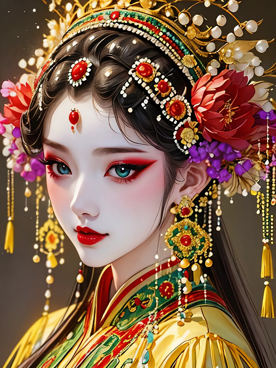 (masterpiece, best quality:1.2),1 girl,beautiful，portrait，Chinese Peking Opera，gorgeous costumes，Exquisite headdress，flower headdress，tassel，pearl，clean background，blue，red，green