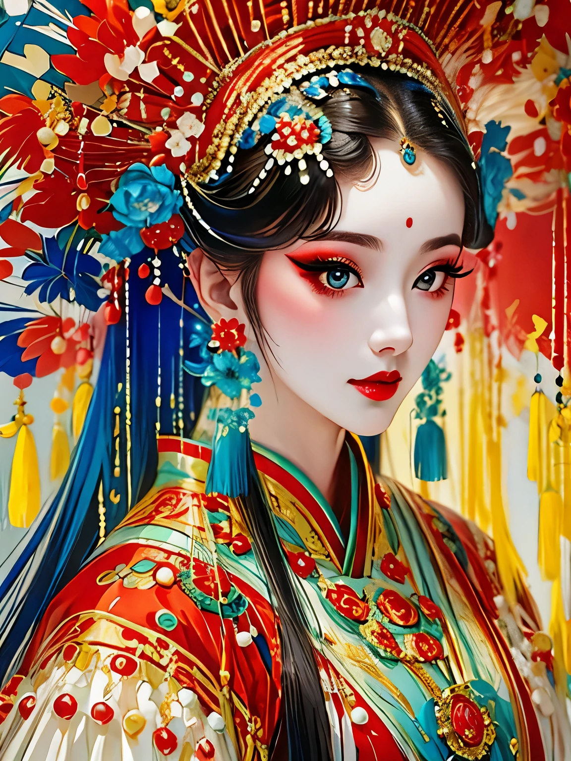 (masterpiece, best quality:1.2),1 girl,beautiful，portrait，Chinese Peking Opera，gorgeous costumes，Exquisite headdress，flower headdress，tassel，pearl，clean background，blue，red，green