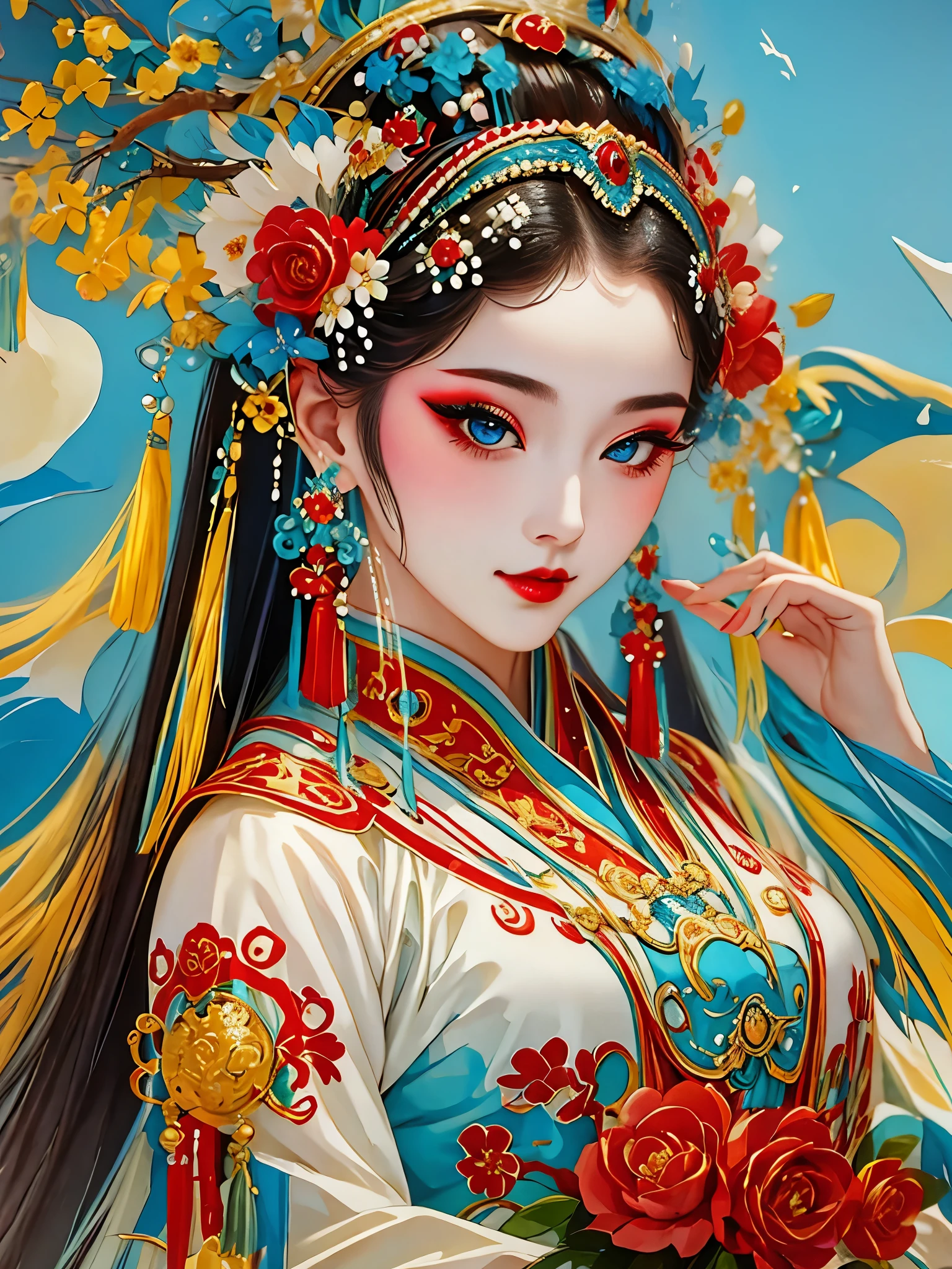 (masterpiece, best quality:1.2),1 girl,beautiful，portrait，Chinese Peking Opera，gorgeous costumes，Exquisite headdress，flower headdress，tassel，pearl，clean background，blue，red，green