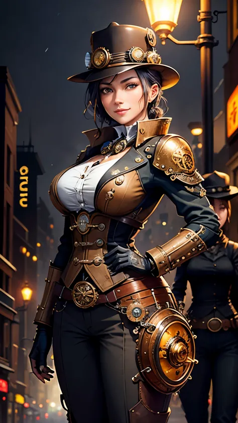 steampunkai。highest quality。masterpiece。detailed details。(two women)。Beautiful woman。steampunk police officer。(Sturdy trousers)。...