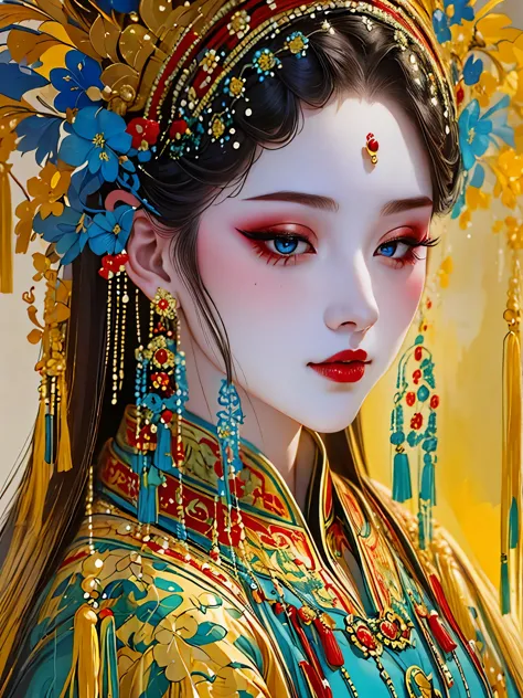 (masterpiece, best quality:1.2),1 girl,beautiful，portrait，flowing long hair，cheongsam，exquisite headdress，flower headdress on he...