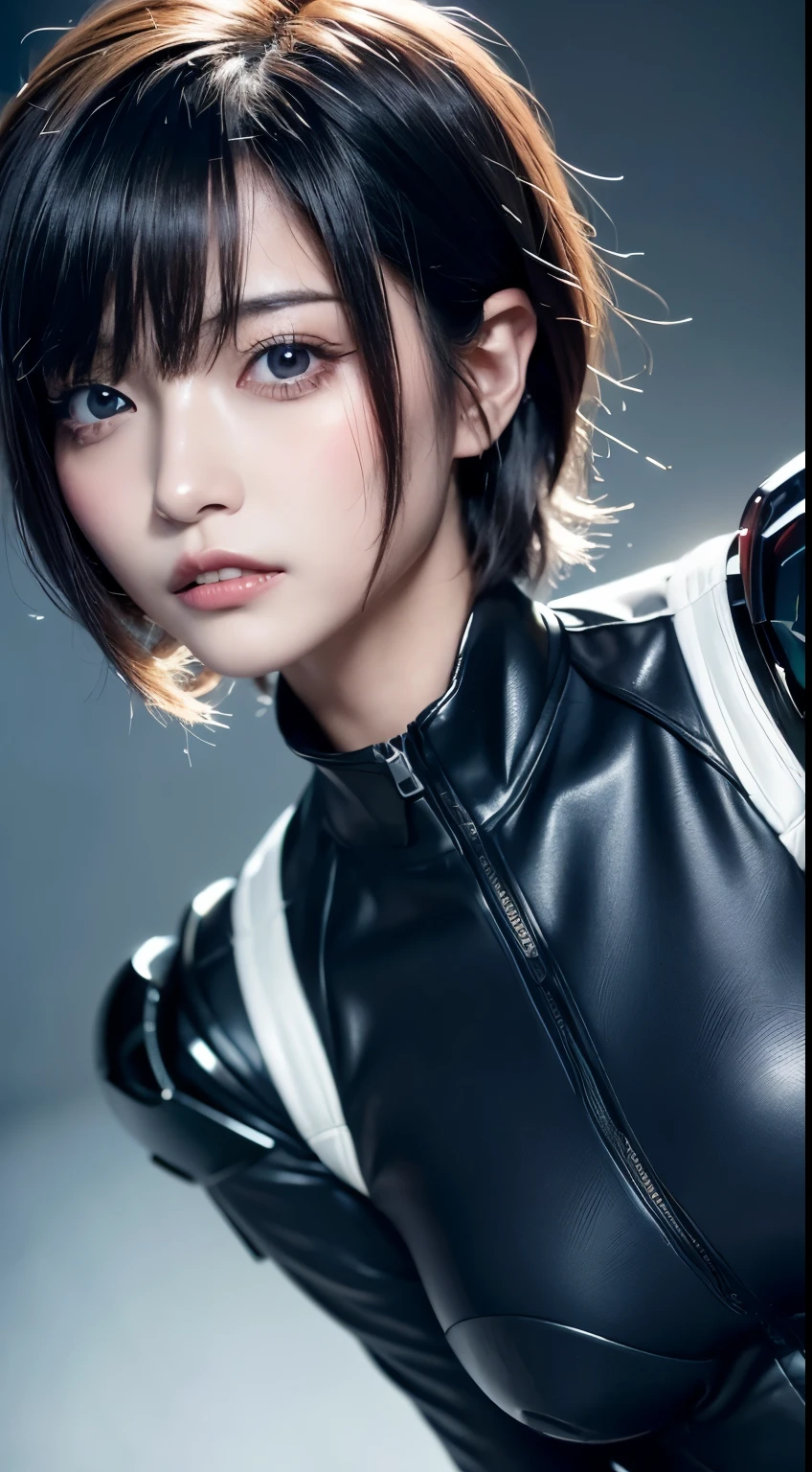 (a closeup:1.4)、(RAW-Fotografie:1.2)、(Photorealsitic:1.4)、(Meisterwerk:1.3)、(Top Qualität:1.4)、(Schöne Frau mit perfektem Körper:1.4)、Frau steht vor einer Gruppe von Robotern、schöne Androidin、schöne Soldatin、Mädchen im Anzug、komplexe Kampfuniform、schöne junge Japanerin、Hochdetaillierte Gesichts- und Hautstruktur、Detaillierte große Augen、doppeltes Augenlid、niedliches Gesicht、(Kurzer Bob:1.2)、(mit riesigen Brüsten)、(GANZER KÖRPERAUFNAHME)、Cowboy-Schuss、(wütende Ausdrücke:1.2)、Stürme und epische Kriegsszenen、cyberpunk scene、Nacht、Beleuchtungen、Steckeranzug、Kampfuniformschäden、