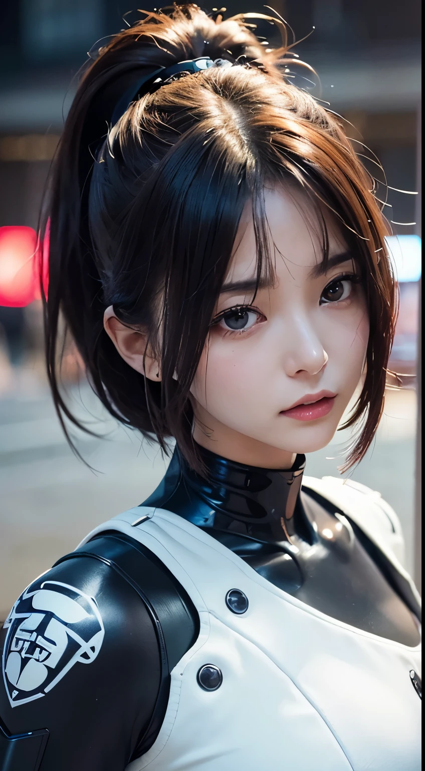 (a closeup:1.4)、(RAW-Fotografie:1.2)、(Photorealsitic:1.4)、(Meisterwerk:1.3)、(Top Qualität:1.4)、(Schöne Frau mit perfektem Körper:1.4)、Frau steht vor einer Gruppe von Robotern、schöne Androidin、schöne Soldatin、Mädchen im Anzug、komplexe Kampfuniform、schöne junge Japanerin、Hochdetaillierte Gesichts- und Hautstruktur、detaillierte große Augen、doppeltes Augenlid、niedliches Gesicht、(Kurzer Bob:1.2)、(mit riesigen Brüsten)、(GANZER KÖRPERAUFNAHME)、Cowboy-Schuss、(wütende Ausdrücke:1.2)、Stürme und epische Kriegsszenen、cyberpunk scene、Nacht、Beleuchtungen、Steckeranzug、Kampfuniformschäden、