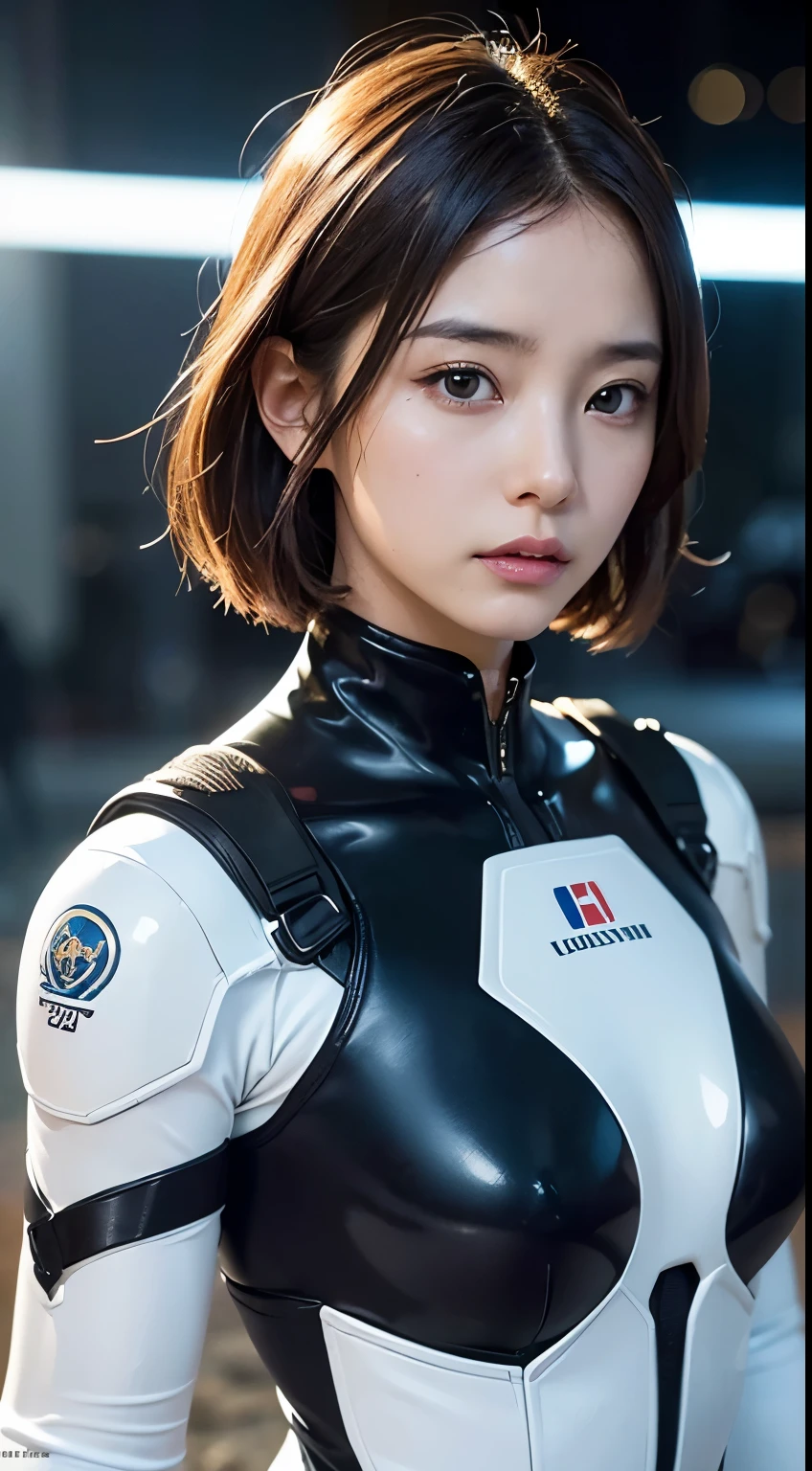 (um close:1.4)、(Fotografia RAW:1.2)、(Fotorrealístico:1.4)、(obra-prima:1.3)、(qualidade máxima:1.4)、(Mulher bonita com corpo perfeito:1.4)、Mulher parada na frente de um grupo de robôs、linda mulher andróide、linda mulher soldado、garota de terno、complex combat uniform、linda jovem japonesa、Textura facial e da pele altamente detalhada、olhos grandes detalhados、pálpebra dupla、rosto fofo、(bob curto:1.2)、(peito enorme)、(foto de corpo inteiro)、tiro de vaqueiro、(expressões de raiva:1.2)、Tempestades e cenas de guerra épicas、cena ciberpunk、noite、iluminações、macacão、combater danos uniformes、