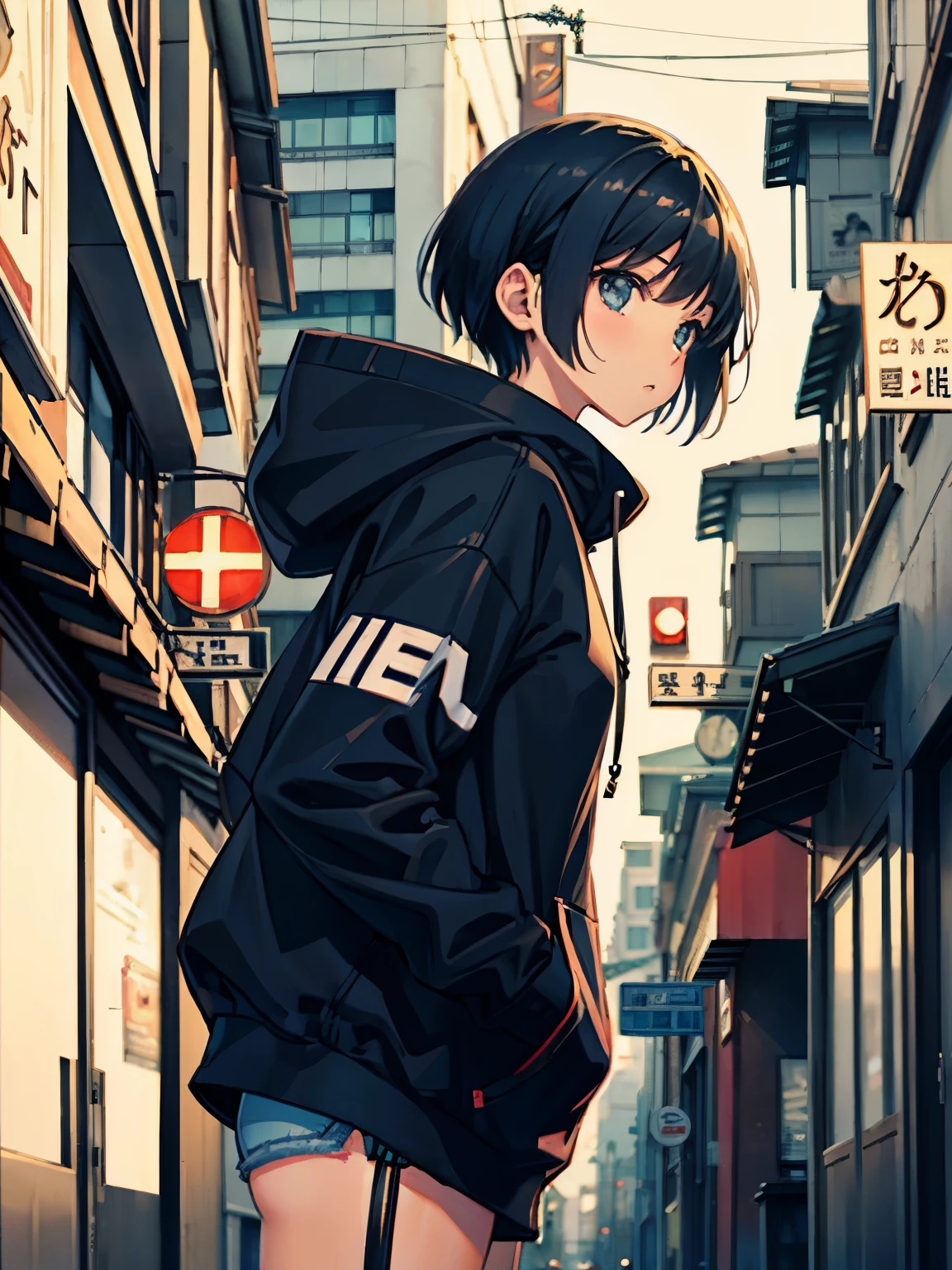 1 girl, manga style, medium view, look up, Side view, hoodie, short hair, alone, (urban background, lit, Blur: 1.2)