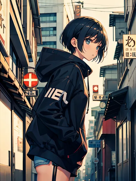 1 girl, manga style, medium view, look up, side view, hoodie, short hair, alone, (urban background, lit, blur: 1.2)