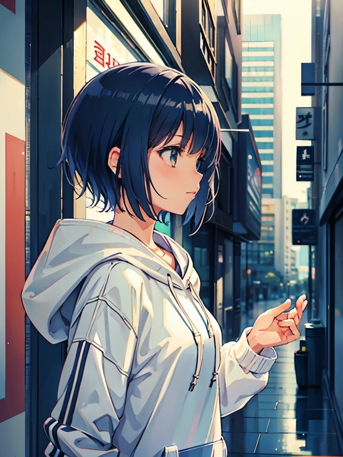 1 girl, manga style, medium view, look up, Side view, hoodie, short hair, alone, (urban background, lit, Blur: 1.2)