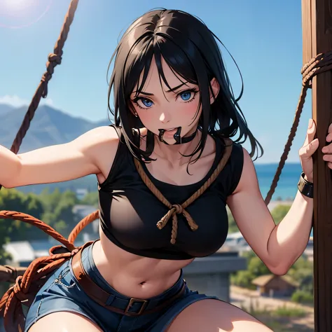 realistic, Nico robin, black hair, crop top, tied up with ropes, gagged