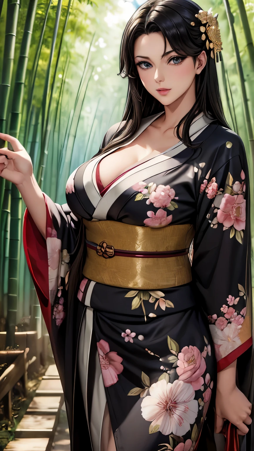 ((Obra maestra)), surreal, Retrato de una hermosa mujer anime de piel clara. (floral kimono), maquillaje ligero, ojos brillantes, cabello negro brillante, adorno para el cabello intrincado, (senos pequeños), En el bosque de bambú