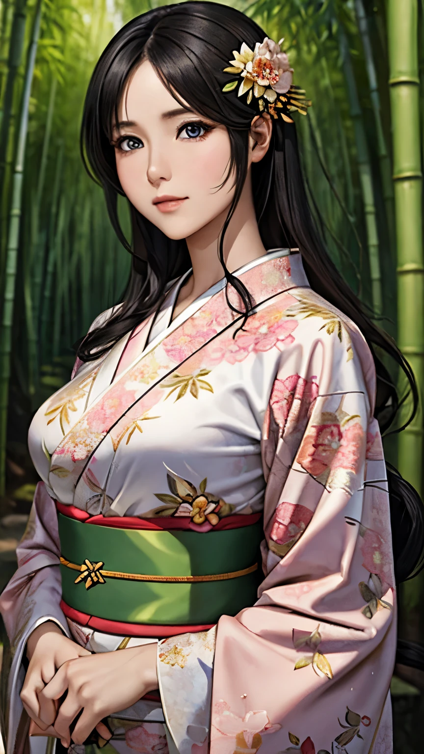 ((chef-d&#39;œuvre)), surréaliste, Portrait d&#39;une belle femme anime à la peau claire (kimono fleuri), Maquillage léger, yeux pétillants, cheveux noirs brillants, ornement de cheveux complexe, (Petits seins), Dans la forêt de bambous