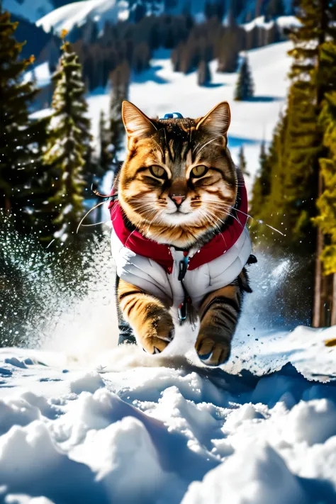 cat sledding down the mountain, high quality,masterpiece,cat,winter,animal wearing clothes,winter,cool,daytime,active,leisure,ad...