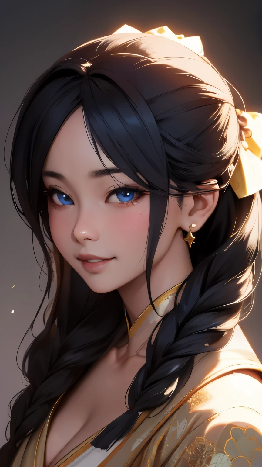 Beautiful ASian woman with a flirtatiouS Smile, Super buSty Ronin wearing a gold lace kimono, Meiji ReStoration, blue eyeS, focuSed on the audience, Zustand&#39;S, Dekollete, Drop your ShoulderS, hd, Uhd, Wlop, art germ, braided hairStyleS, big anime eyeS, realiStic eyeS, Sehr detailiert目, natural Skin, natural Skin texture, Scattered beneath the Surface, calm colorS, Skin poreS, Perfektes Gesicht, perfect eyeS, perfect lipS, Supple female form, brillant, filmisch, Filmlicht, Sehr detailiert, Surreal, maSterpiece, in the atmoSphere, High reSolution, lebhaft, high contraSt, dunkler Winkel, 8k, HDR, 500 pixelS, Sicht von oben, Halbkörperporträt