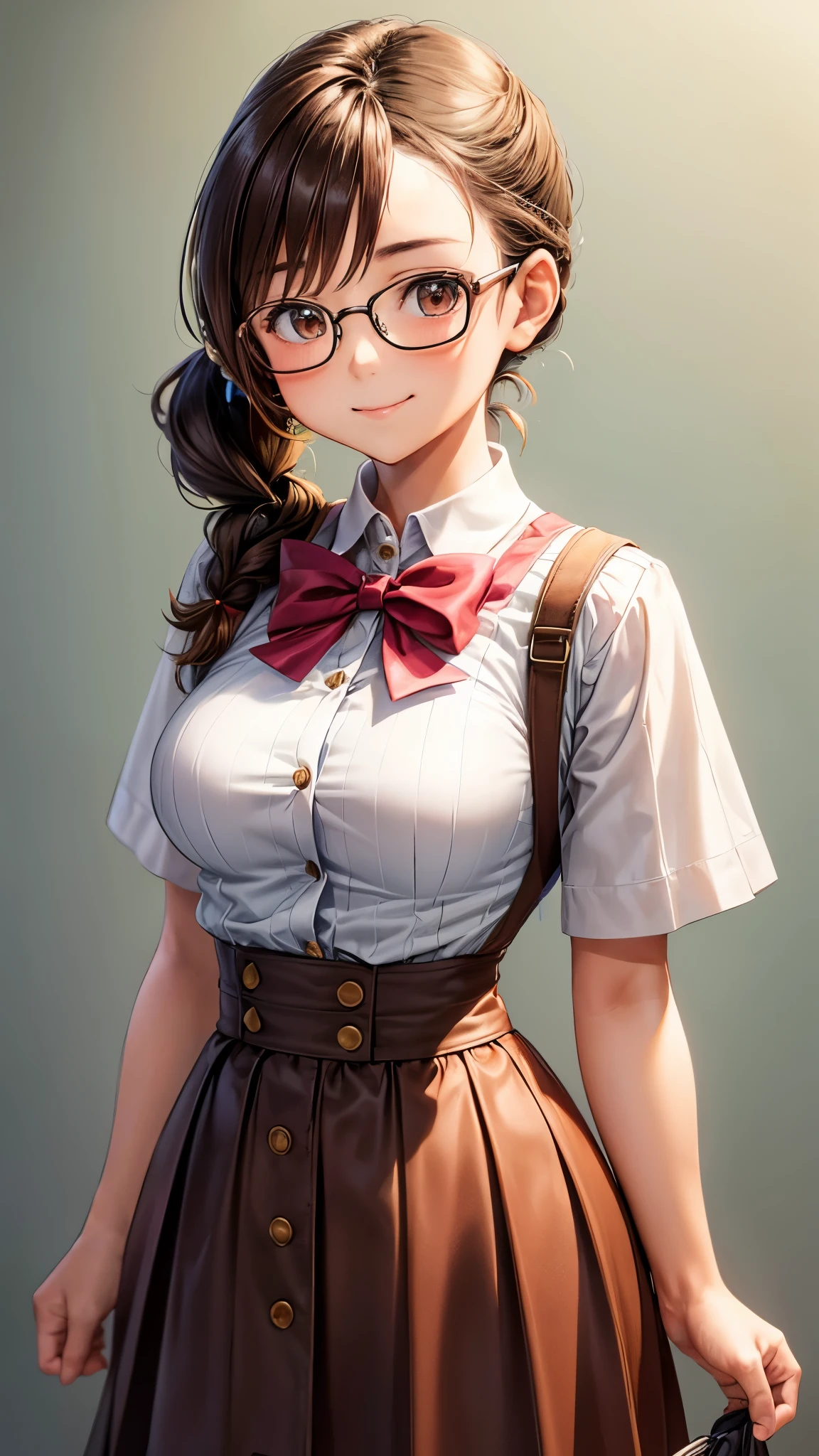 1 female,12 years old,brown hair,beautiful low ponytail hairstyle, (High-waisted skirt:1.3),, (knit), (double breasted,under bust:1.2), short sleeve, button gap,natural smile,,frameless eyeglasses,