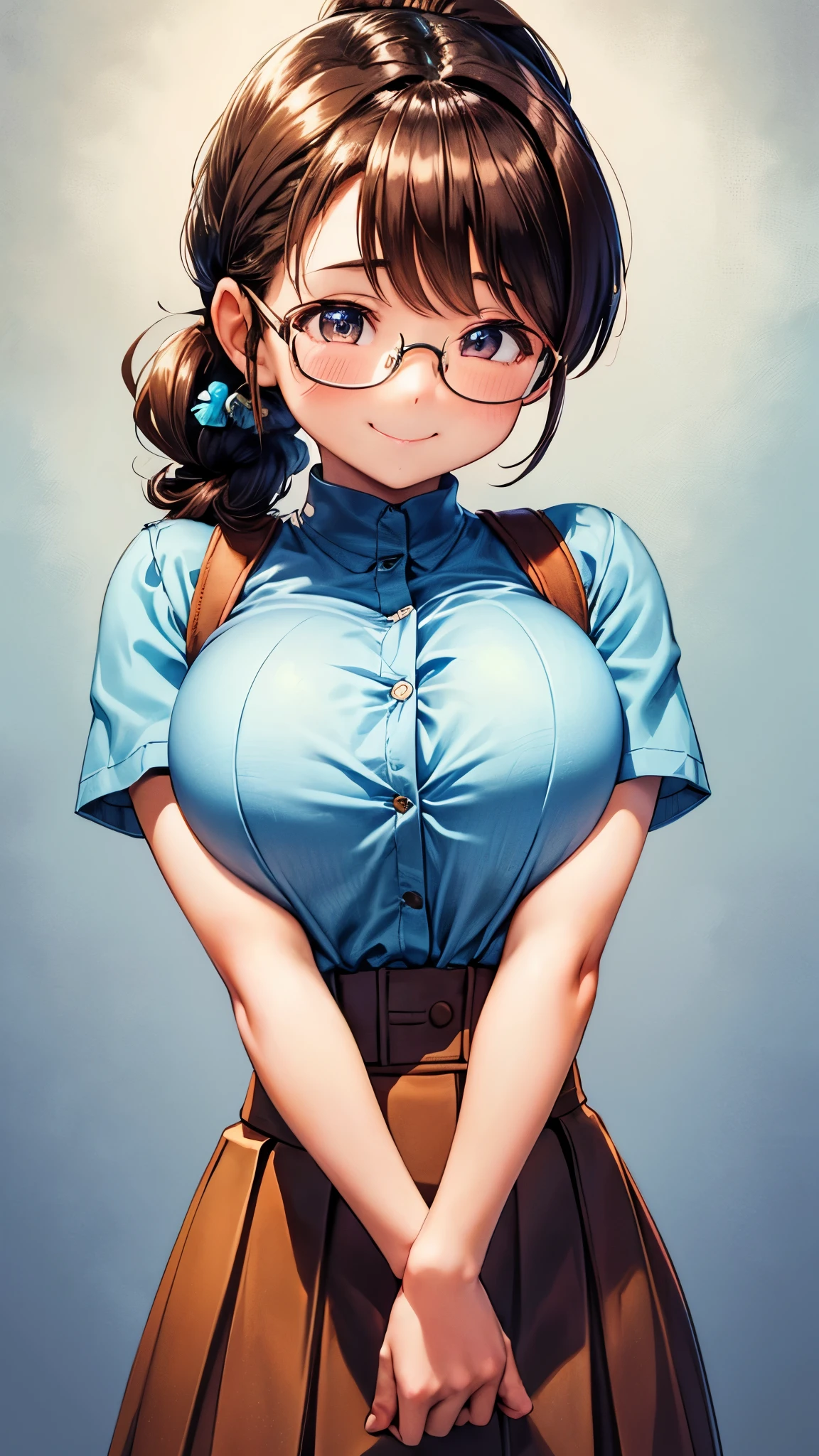 1 female,12 years old,brown hair,beautiful low ponytail hairstyle, (High-waisted skirt:1.3),, (tight shirt), (double breasted,under bust:1.2), short sleeve, button gap,natural smile,,frameless eyeglasses,