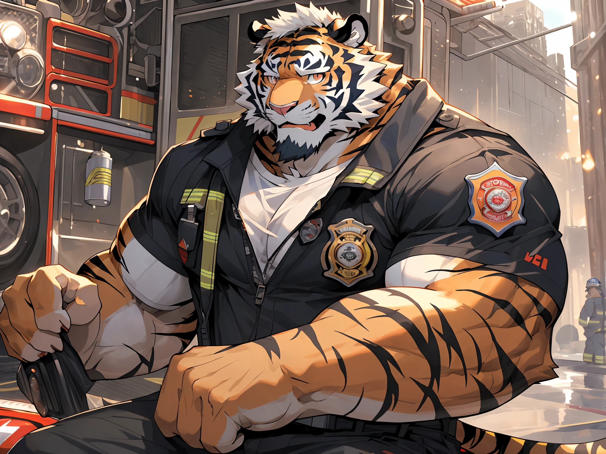 disney,anime character with tiger, tiger_beast, Firmware version, high resolution committee, ((tiger)), gigachad muscular, muscular!!, only, muscular!, anthropomorphic tiger, muscular character, Kushat Konzi, super detailed!!, muscular!!!, beefy, whole body commission, Full body details are very rich,16k,(Full body close-up:1.2),(The two eyes are not the same color，different color pupils:1.3),HD,(colored hair:1.3),(firefighter:1.5),Take Fire station,firefighter attire,firefighter top,firefighter pants,firefighter boots,firefighter helmet)