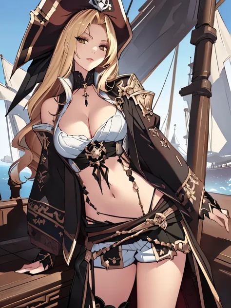 A blonde pirate girl in a white top and brown shorts striking a pose on a ship, in the style of Guweiz artwork. She is depicted as the queen of pirates, a fierce and confident woman. The artwork is a 2.5D CGI anime-style fantasy piece, inspired by the work...