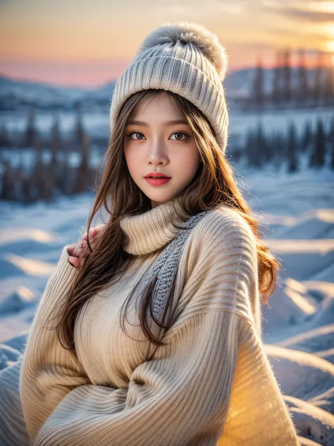 masterpiece, best quality, 8k, top quality, 1 girl, 23 year, elegant, detailed background, snow background, sun set lighting, kn...