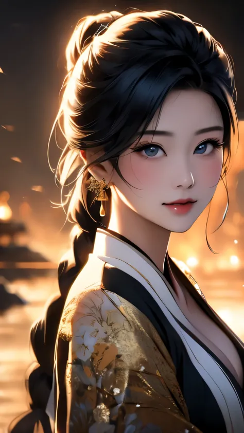 Beautiful Asian woman with a flirtatious smile, Super busty Ronin wearing a gold lace kimono, Meiji Restoration, blue eyes, focu...