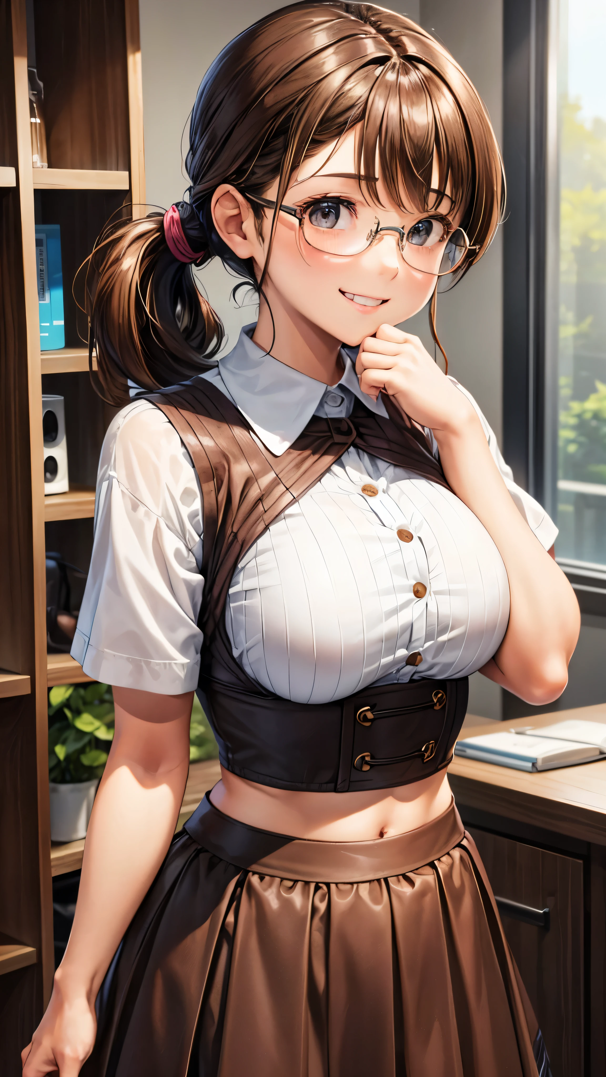 1 female,12 years old,brown hair,beautiful low ponytail hairstyle, (high waist skirt:1.3),, (knit), (double breasted,under bust:1.2), short sleeve, gap between buttons,natural smile,,frameless eyeglasses,