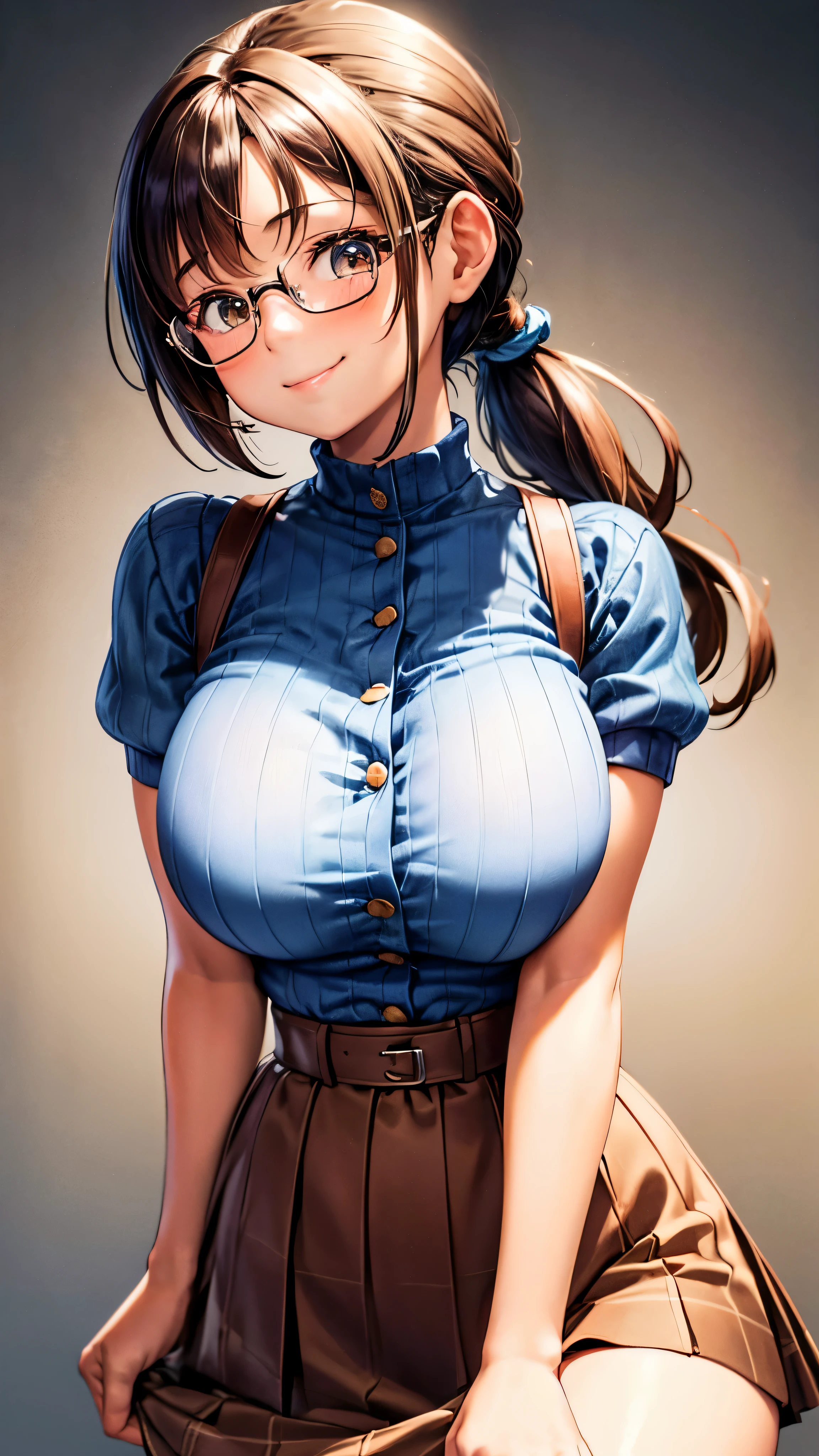 1 female,12 years old,brown hair,beautiful low ponytail hairstyle, (high waist skirt:1.3),, (tight knit), (double breasted,under bust:1.2), short sleeve, gap between buttons,natural smile,,frameless eyeglasses,