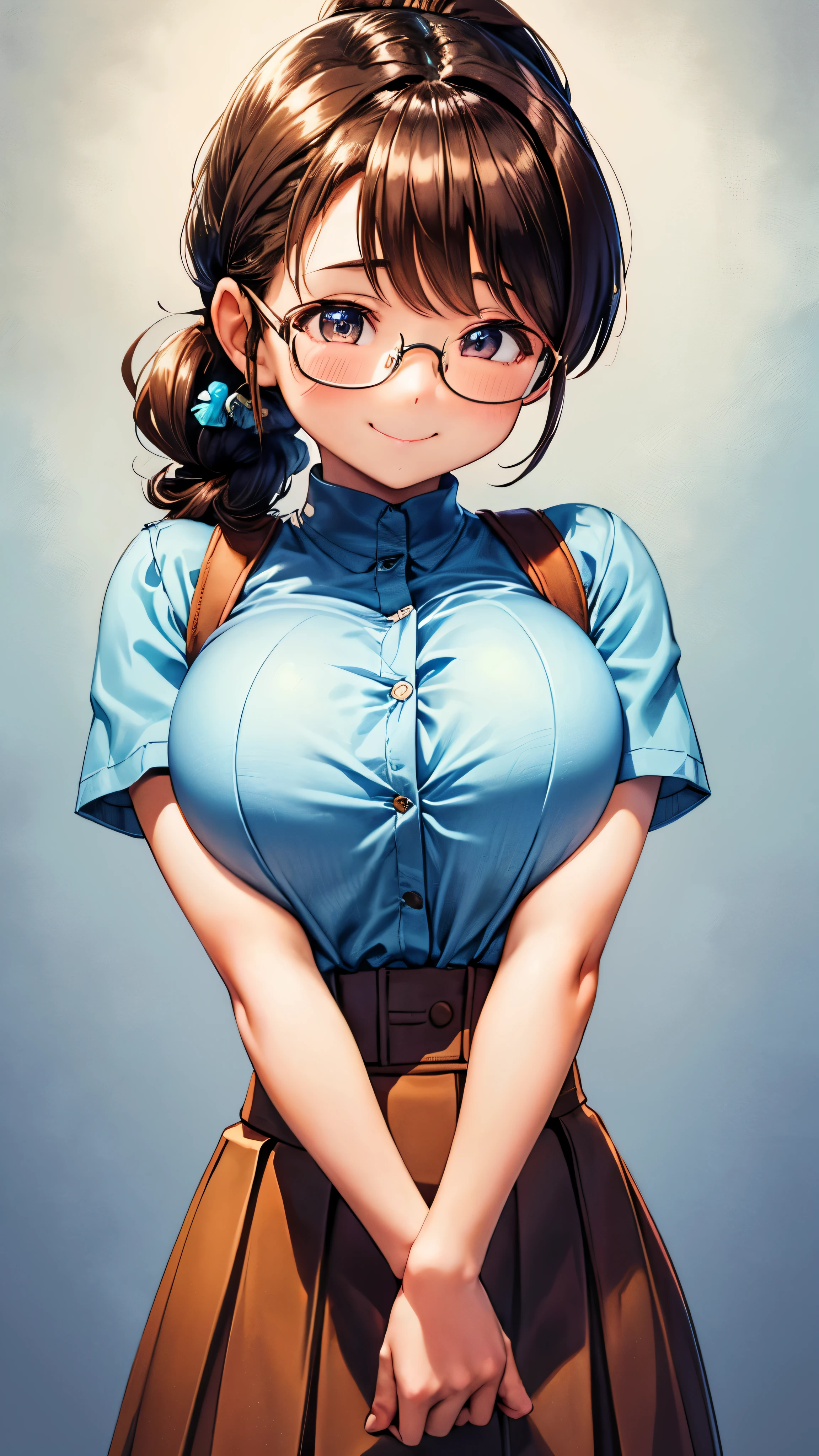 1 female,12 years old,brown hair,beautiful low ponytail hairstyle, (high waist skirt:1.3),, (tight shirt), (double breasted,under bust:1.2), short sleeve, gap between buttons,natural smile,,frameless eyeglasses,