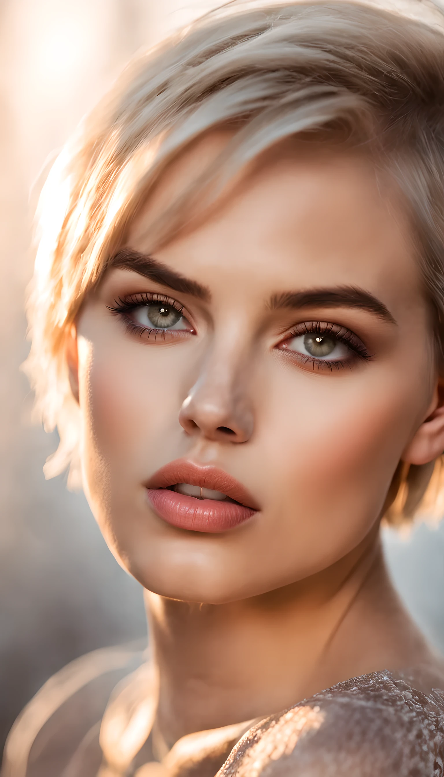 Beautiful young nordic woman, short hair, with ambient light from the side, big lips with gloss, fertile, sultry expression, hazy dreamy eyes, eye lids, blushing, half open mouth, biting lip, light makeup, warm, moist, oily complexion, fog and smoke