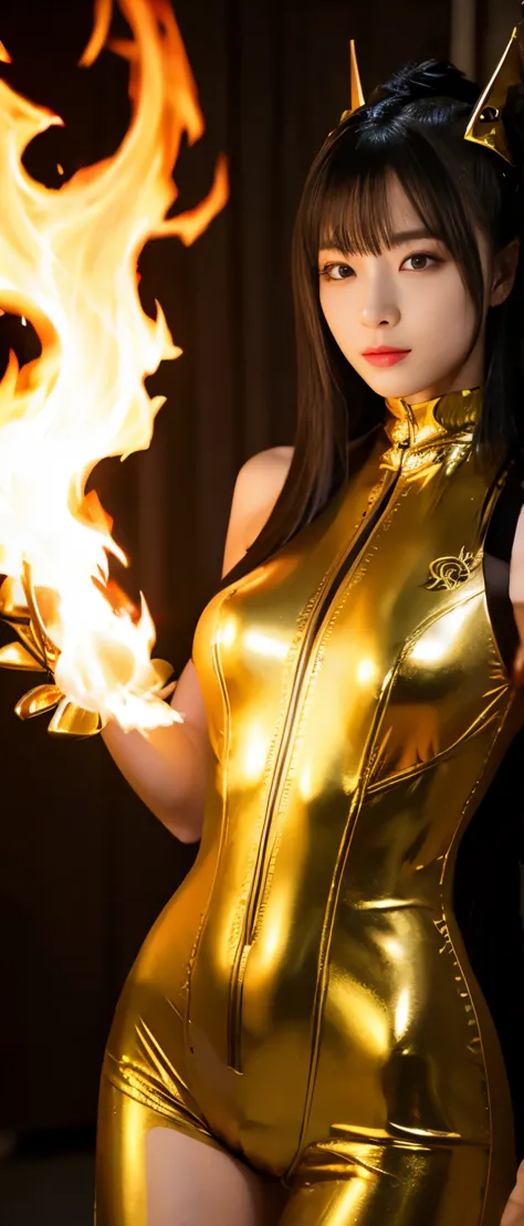 cyber dragon girl、whole body、good style、、、、、gold dragon bodysuit、blazing flame