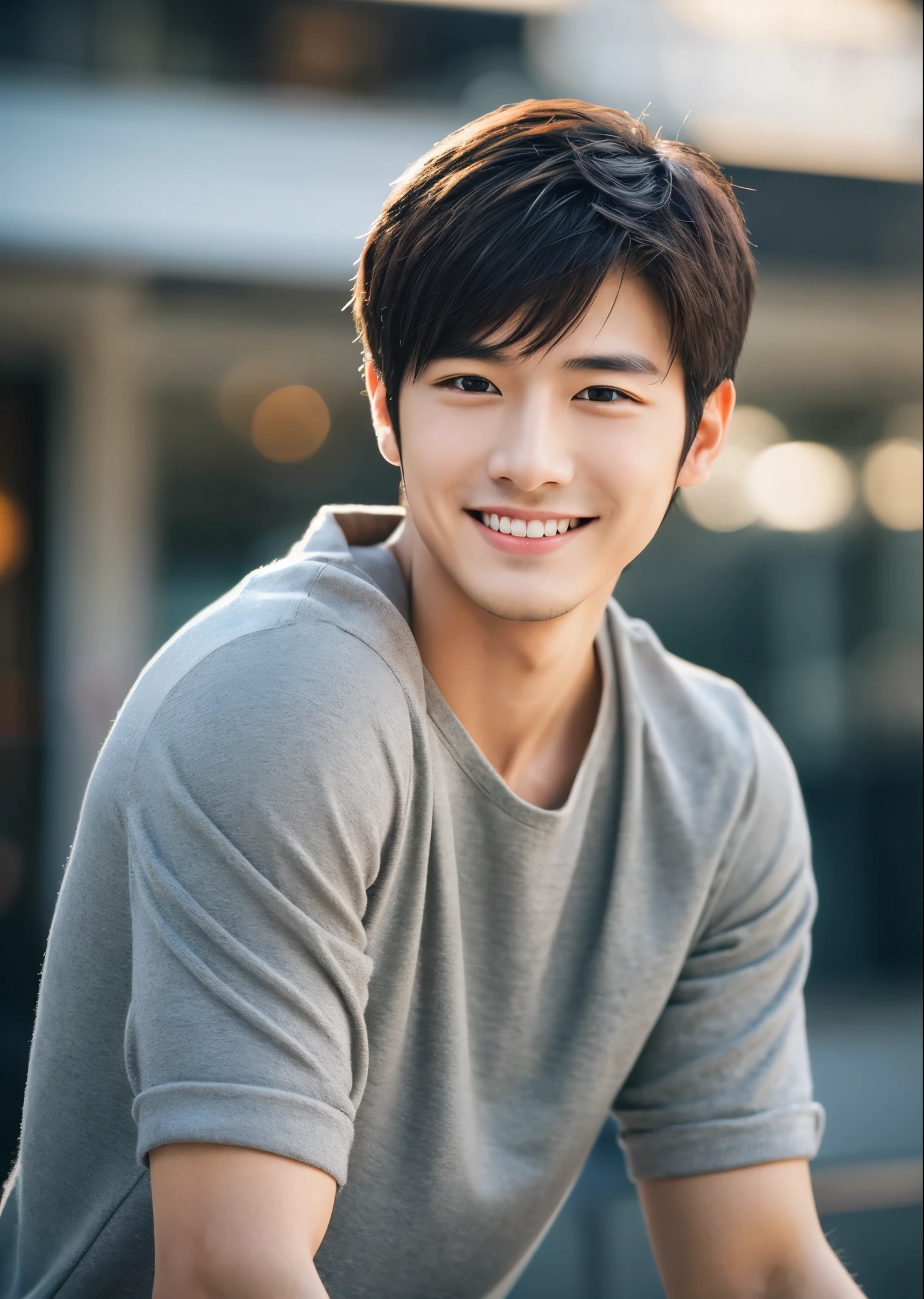 japanese men、good looking、Handsome guy、Regent Hair、casual clothes、pose like a model、muscular、smile、simple background、perfect lighting、sharp focus、High definition、high resolution、High color rendering、High resolution、Super realistic、photo realistic