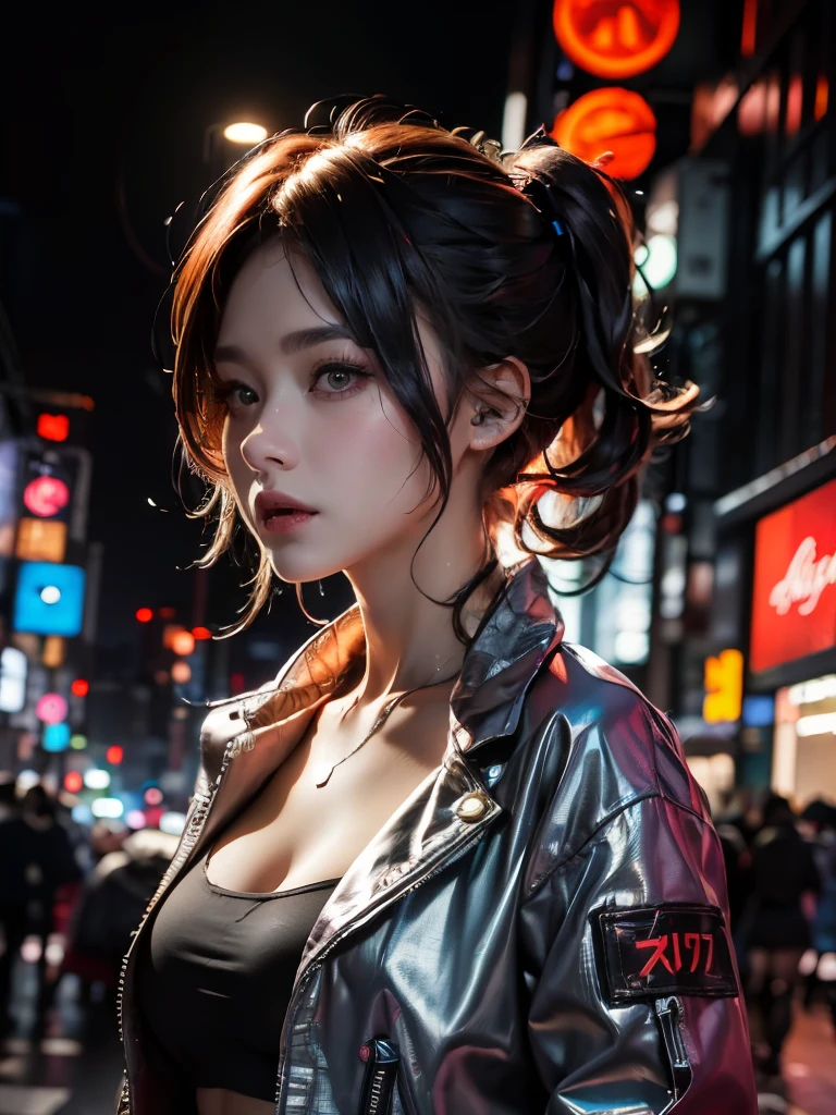 ocidental girl with red hair, silver jacket, topless, cyberpunk style, (background: neon city, high buildings), (color: tokyo neon) night time, in the style of photorealistic --v 6
