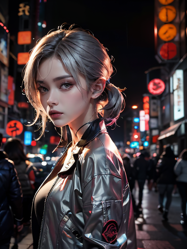 ocidental girl with red hair, silver jacket, topless, cyberpunk style, (background: neon city, high buildings), (color: tokyo neon) night time, in the style of photorealistic --v 6