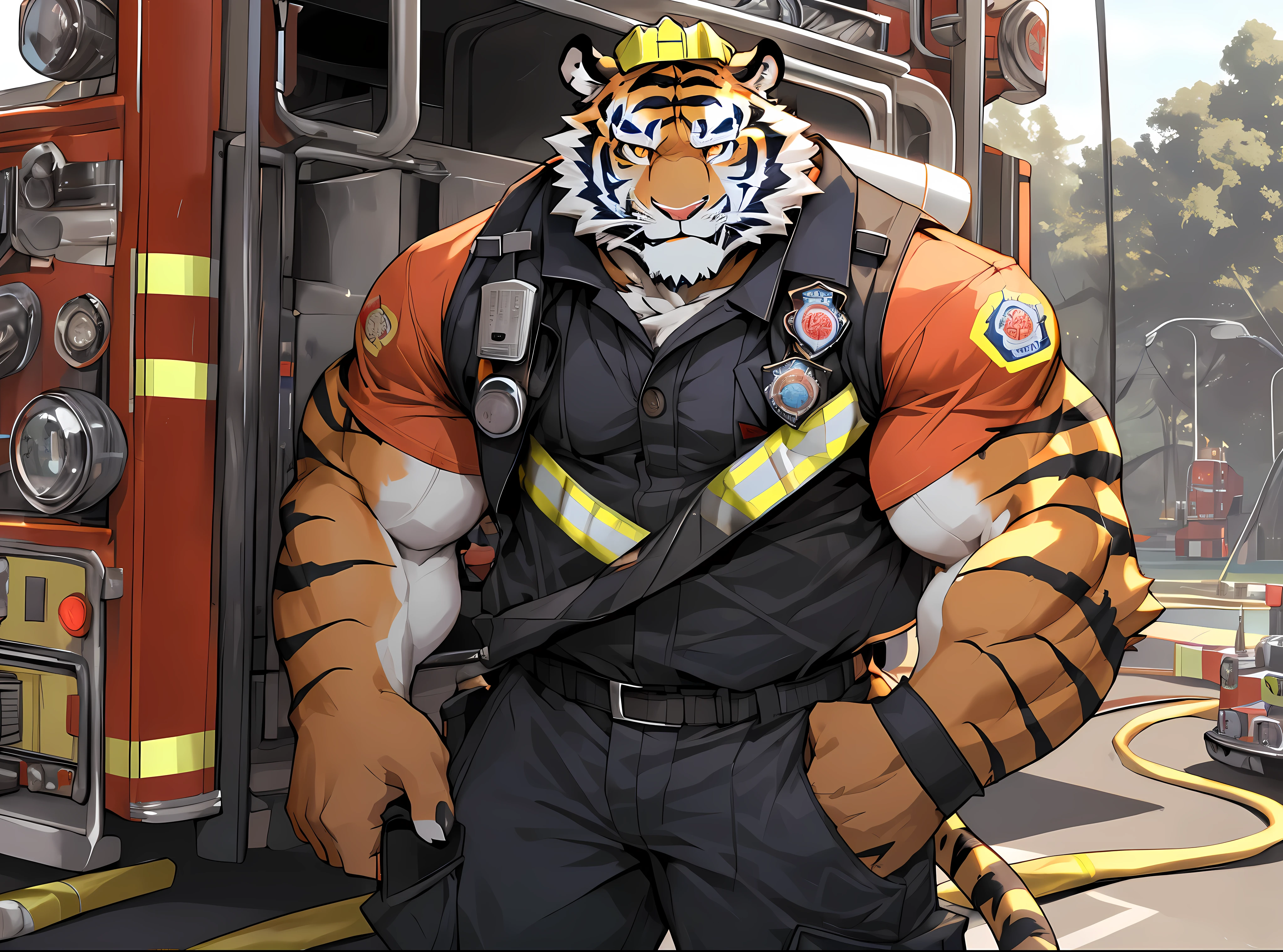 disney,anime character with tiger, tiger_beast, Firmware version, high resolution committee, ((tiger)), gigachad muscular, muscular!!, only, muscular!, anthropomorphic tiger, muscular character, Kushat Konzi, super detailed!!, muscular!!!, beefy, body committee, Full body details are very rich,16k,(Full body close-up:1.2),(The two eyes are not the same color，Pupils of different colors:1.3),HD,(colored hair:1.3),(firefighter:1.5),Go to the fire station,firefighter attire,firefighter top,firefighter pants,firefighter boots,firefighter helmet)