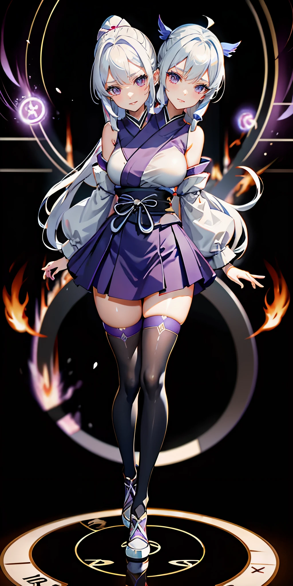 (Two heads), 1girl, clear eyes, focused eyes, clear face, japanese clothes, ponytail ,white hair, purple eyes, magic circle, blue fire, blue flames, wallpaper, landscape, blood, blood splatter, depth of field, night, light particles, light rays, sidelighting, thighs, fate \(series\), genshin impact, ****, open jacket, skirt, thighhighs, cloud