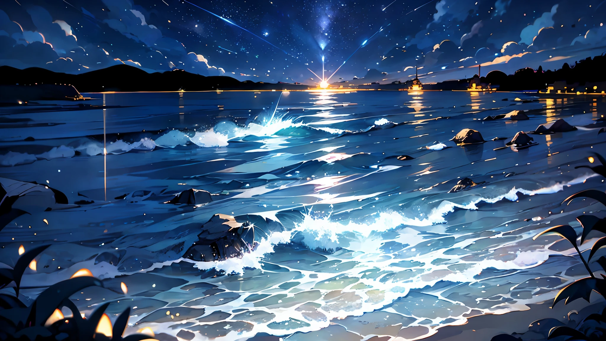 schöne Anime-Landschaft,Strand,voller Sterne,1 Mädchen,Ein Mädchen steht in der Nähe des Sandstrandes,schaue zu den Sternen,ein wenig felsiges Gebiet,leichter Wind,Frankreich, großer leuchtender Stern３One,Nacht, Sternschnuppe,Mondlicht,Wasseroberfläche des Mondes,handgezeichnete Illustration
