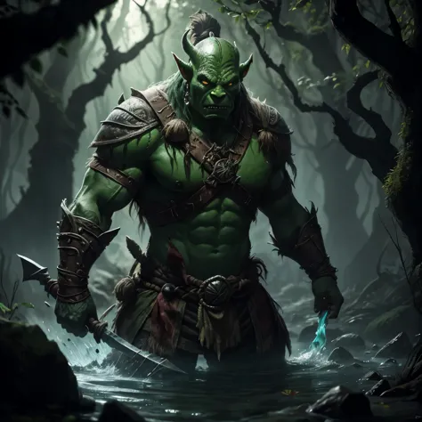 dungeons and dragons (Orc), (pele verde:1.2) [laranja | vermelho] olhos, [branco | vermelho] careca armaduras, correntes, Horrib...