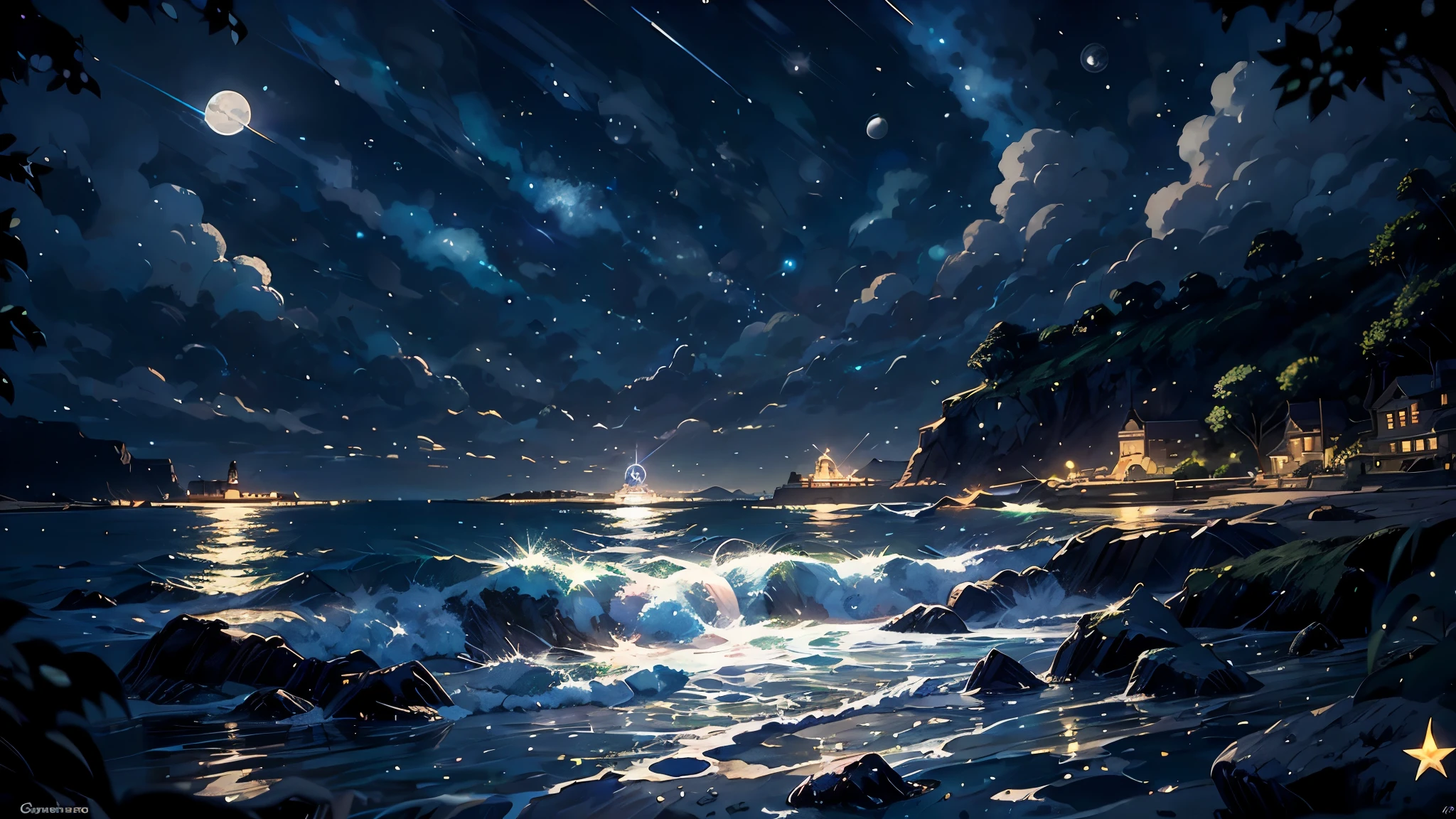 girl,beautiful anime,seaside,full of stars,Gaze at the stars,a little rocky area,light wind,France, big shining star３One,night, shooting star,moonlight,water surface of the moon,hand drawn illustration