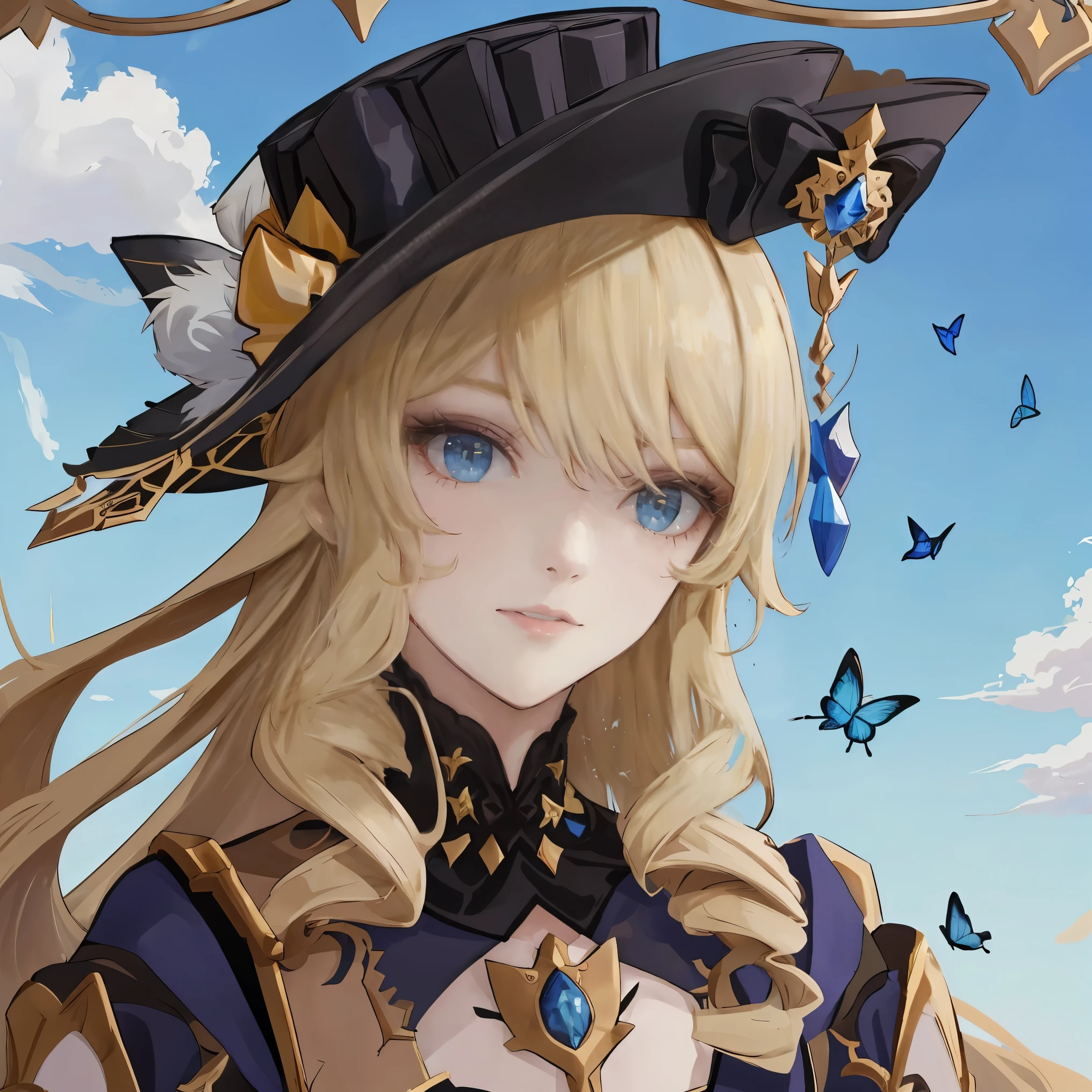 Masterpiece, Navia from Genshin Impact, anime style, look, black hat on his head, Sky on the background , The head is completely in the frame,beautiful detailed blue eyes, detailed lips, butterflies fly against the background of nature, long hair, in high definition