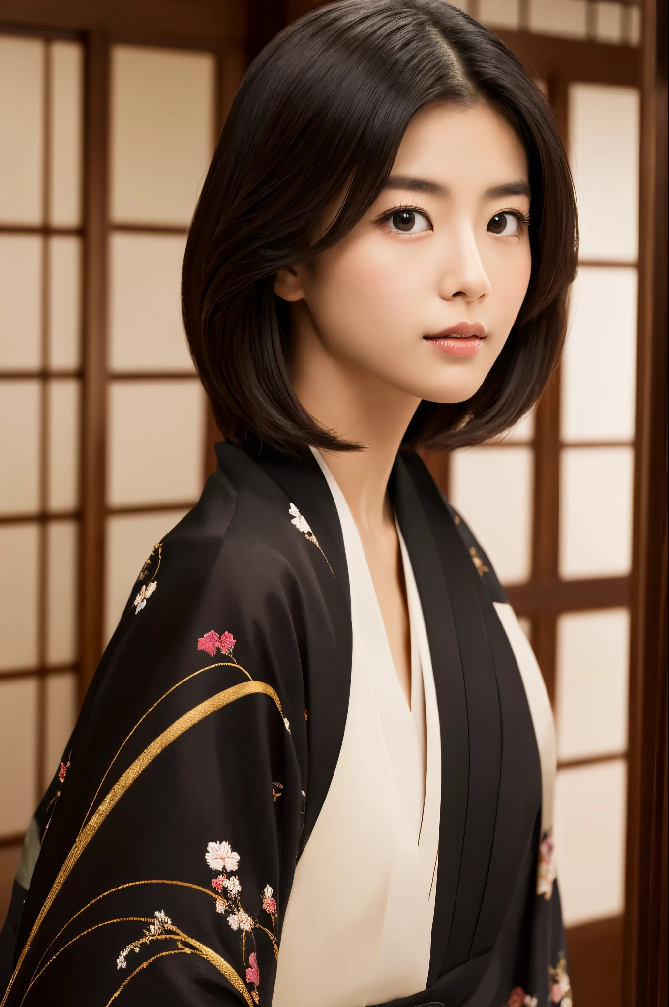 Best-quality, Masterpiece, Ultra-High-Resolution, (Photorealistic:1.4), Raw-Photo, Extremely-Details, Perfect-Anatomy, 1girl, 18-years-old, the most famous Japanese actress, cowboy-shot, upturned hip, looking at viewer, in Japanese-style room, wearing luxurious KIMONO, detailed extremely cute face like a most popular Japanese actress, detailed extremely beautiful big black solid circle eyes, detailed extremely beautiful black short-cut-haired, detailed luxurious KIMONO, detailed Japanese-style room, detailed extremely beautiful realistic skins