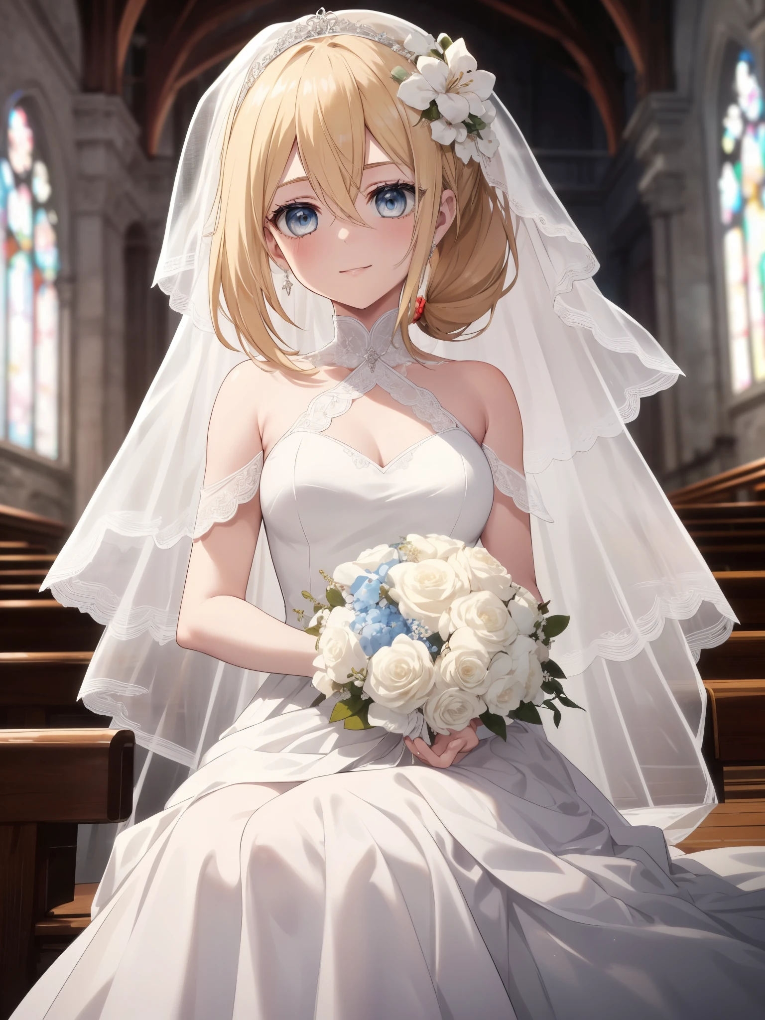 masterpiece, highest quality, High resolution,
1 girl, alone, looking at the viewer, sitting, 
history, Christa Lentz, blonde hair, blue eyes, hair between eyes, short hair,  ponytail,
one girl, High resolution,masterpiece,highest quality, ,1 girl, alone, hair flower, wedding d again ss, holding a bouquet in hand, Chacha, smile, church, white bridal veil, Wedding dress, wedding style, whole body, exposed, put out one&#39;s shoulders, show your skin, white dress