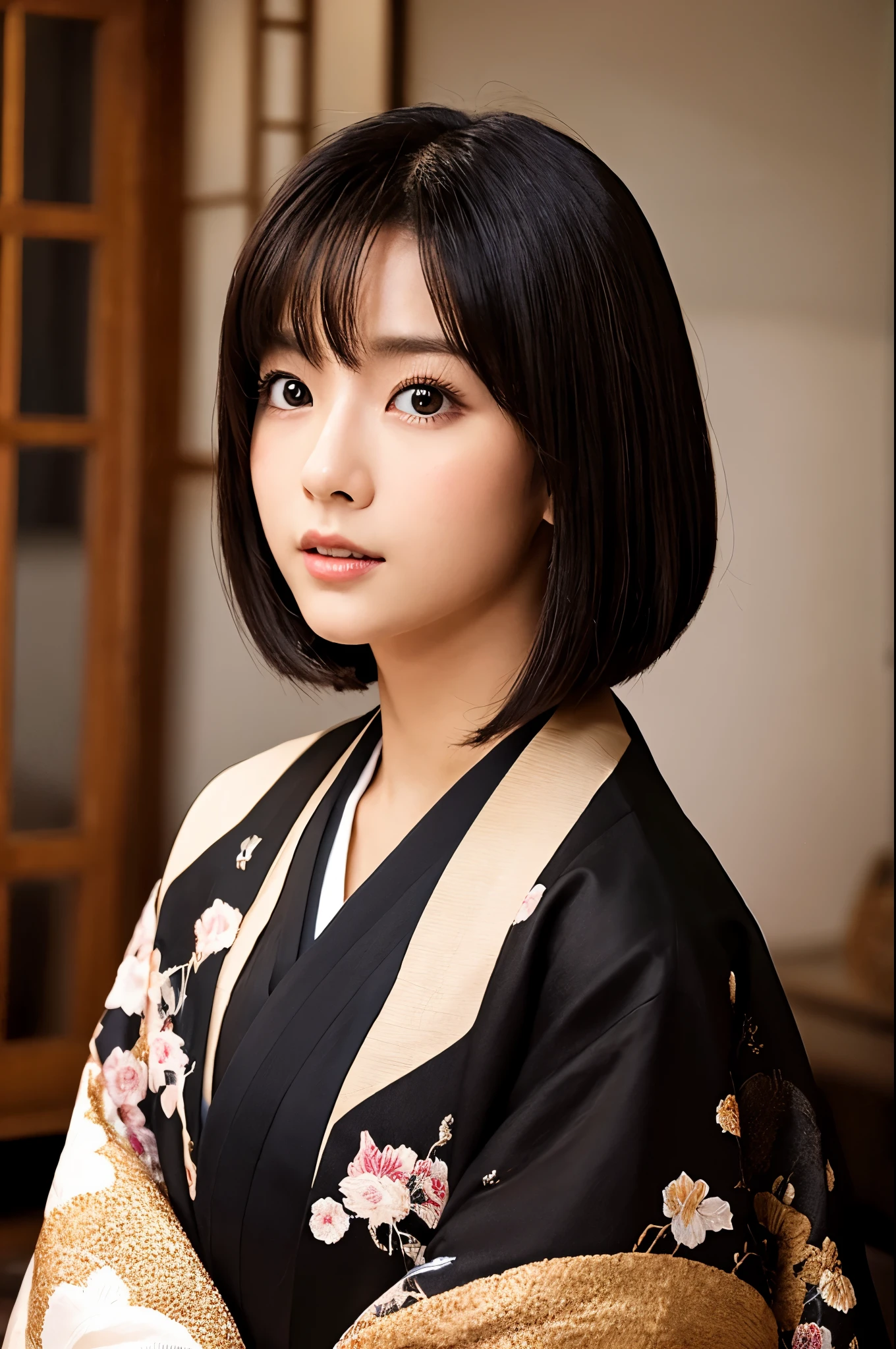 Best-quality, Masterpiece, Ultra-High-Resolution, (Photorealistic:1.4), Raw-Photo, Extremely-Details, Perfect-Anatomy, 1girl, 18-years-old, the most famous Japanese actress, cowboy-shot, upturned hip, looking at viewer, in Japanese-style room, wearing luxurious KIMONO, detailed extremely cute face like a most popular Japanese actress, detailed extremely beautiful big black solid circle eyes, detailed extremely beautiful black short-cut-haired, detailed luxurious KIMONO, detailed Japanese-style room, detailed extremely beautiful realistic skins