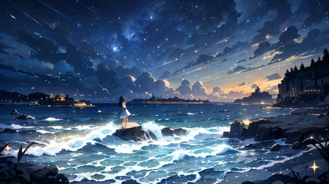 beautiful anime scenery,seaside,full of stars,1 girl,砂浜の近くに立One少女,Staring at the stars,a little rocky place,light wind,France, b...