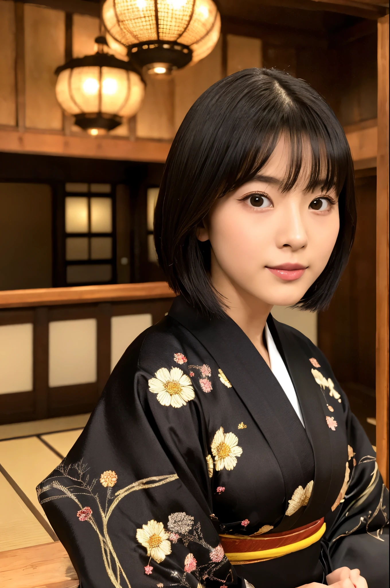 Best-quality, Masterpiece, Ultra-High-Resolution, (Photorealistic:1.4), Raw-Photo, Extremely-Details, Perfect-Anatomy, 1girl, 18-years-old, the most famous Japanese actress, cowboy-shot, upturned hip, looking at viewer, in Japanese-style room, wearing luxurious KIMONO, detailed extremely cute face like a most popular Japanese actress, detailed extremely beautiful big black solid circle eyes, detailed extremely beautiful black short-cut-haired, detailed luxurious KIMONO, detailed Japanese-style room, detailed extremely beautiful realistic skins